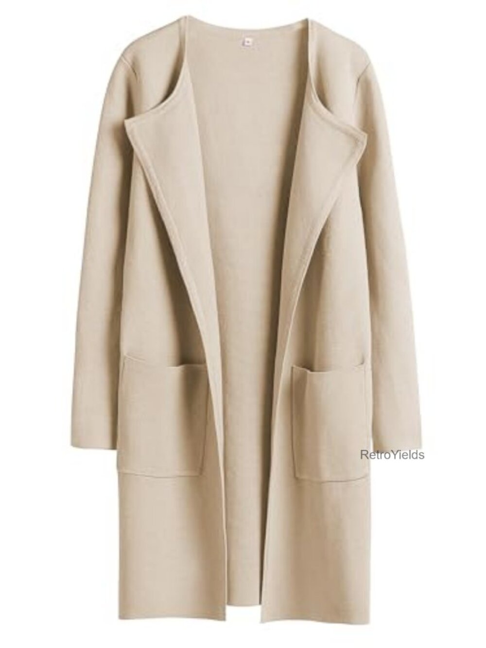 Mid-Length Open Front Cardigan Sweater Large Lapel Patch Pockets Relaxed Fit